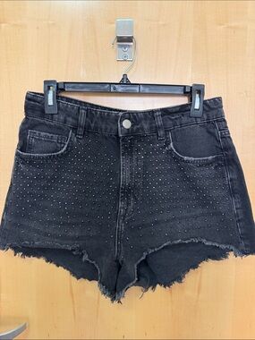 Zara Black Studded High-Waist Denim Shorts